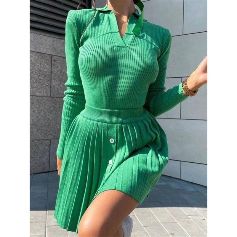 European and American Sexy Pleated Autumn Silm Long Sleeves Open Collar T-shirt Skirt Knitted Two-Piece Knitted Suit