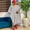 European and American Large-size Women's Clothing Casual Loose V-neck Short-sleeved Striped Dress Women's African Foreign Style Fashion Split-ended 