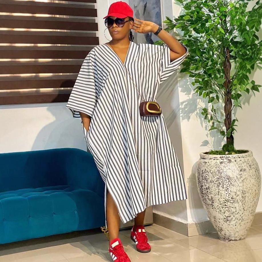 European and American large-size women s clothing casual loose V-neck short-sleeved striped dress women s African foreign style fashion split-ended S