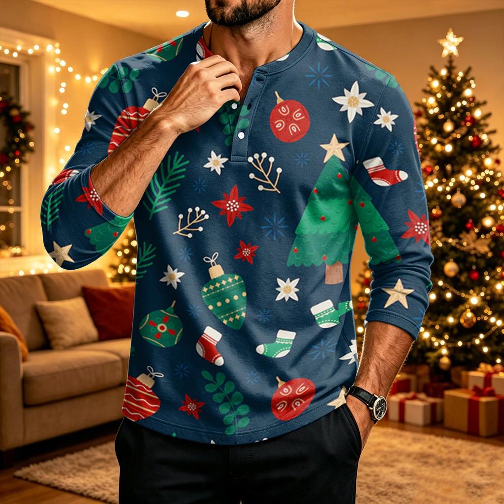 Men's Long Sleeve Christmas Print Shirt for Holiday Party Casual Daily Wear