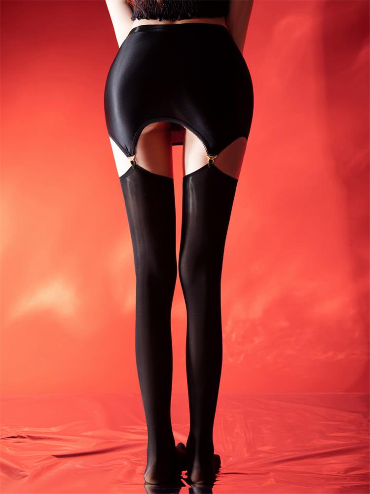 Sexy Women Elastic Tight Pencil Skirt Oil Glossy Shiny Micro Mini Packet Hip Skirts Cosplay Maid Wear With Garters Stockings