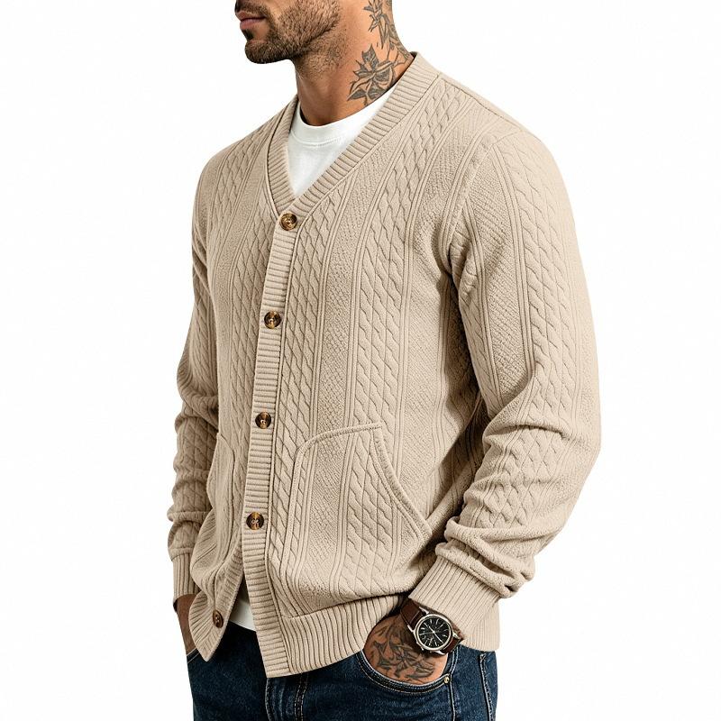 Herren Zopfmuster V-Ausschnitt Cardigan Pullover, Knopfleiste vorne, Zwei aufgesetzte Taschen, Gerippte Bündchen & Saum, Weicher Strick Lässiges Layering Top