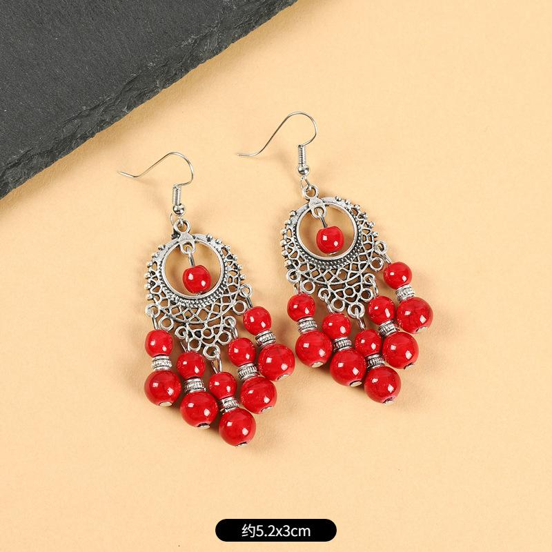 Retro ethnic style fringed earrings blue and red simple long bohemian earrings vacation style women's Tibetan silver earrings