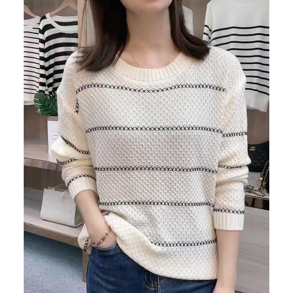 Autumn 2025 Knit Striped Women s Slim Long Sleeve Top - Light Coffee & Pumpkin Orange XL 55-60 kg