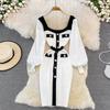 Retro Hepburn Style Waist Waist Square Collar Ladies Temperament Black and White Patchwork Buttock Knitted Dress