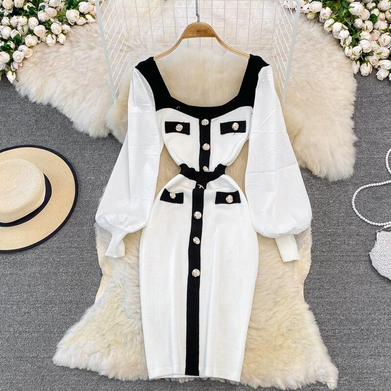 Retro Hepburn Style Waist Waist Square Collar Ladies Temperament Black and White Patchwork Buttock Knitted Dress