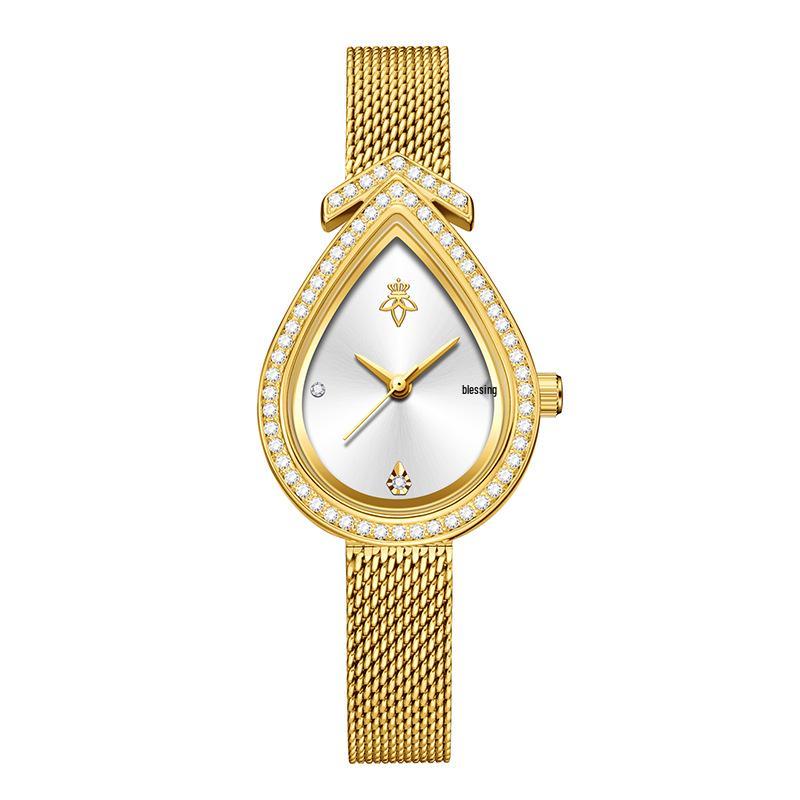 Yalalusi Teardrop Diamond Women's Gold Mesh Quartz Watch - Light Luxury, Waterproof, with Calendar
