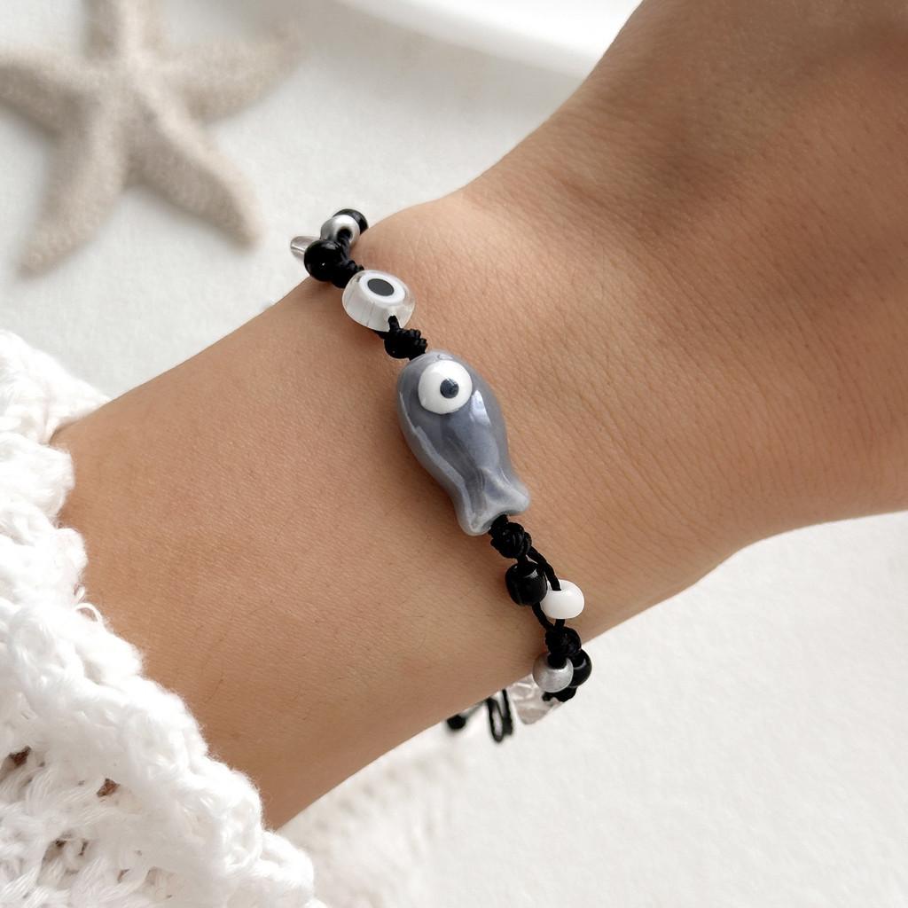 Handcrafted Ceramic Fish Bracelet With Colorful Eyes For Fashion Jewelry