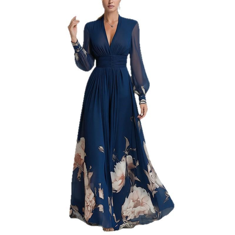 Damen Frühling neu, Europäische und Amerikanische Kleider, Modische und Elegante Bedruckte V-Ausschnitt Kleider