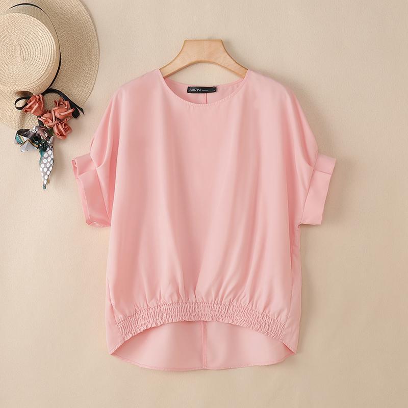 ZANZEA Damska letnia bluzka z okrągłym dekoltem, luźna, codzienna, z krótkim rękawem