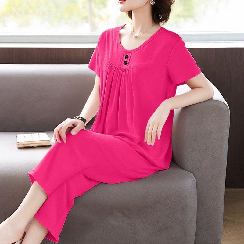 Summer Plus Size Women's Fashion Casual Commute Home Wear Set Short Sleeve Seven-Piece Pants Two-Piece Set