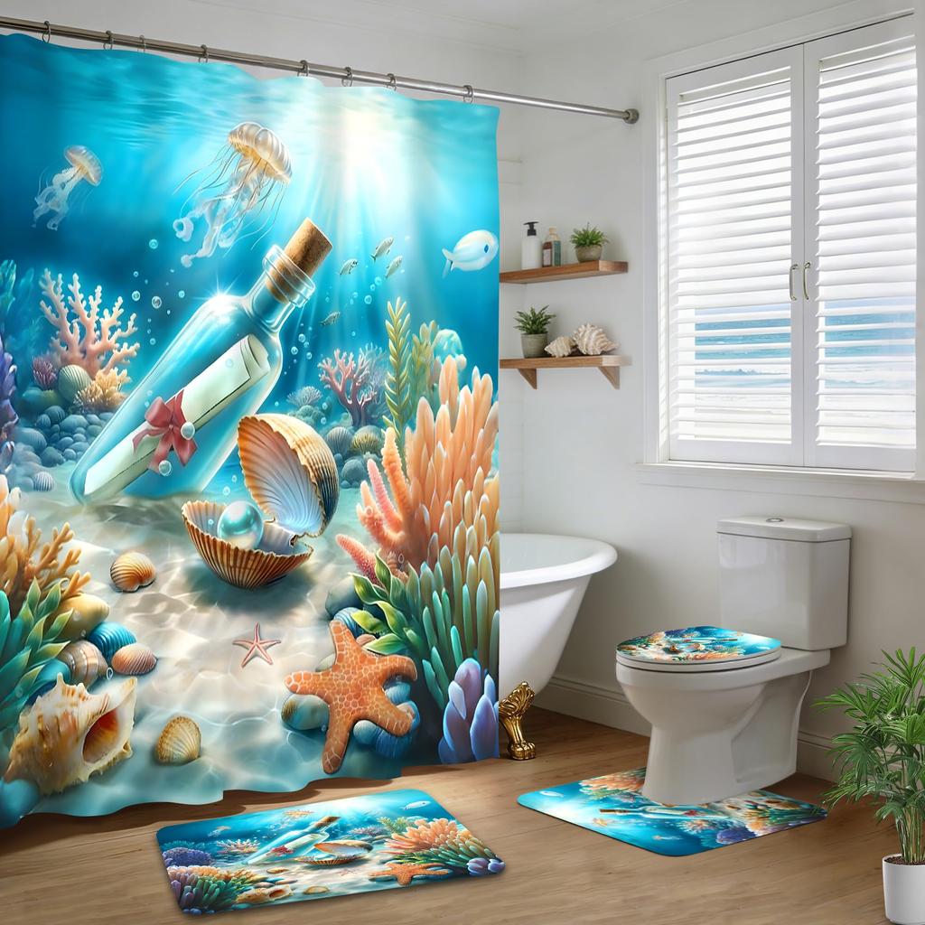 4-teiliges Duschvorhang-Set mit rutschfester Badematte, Toilettendeckelbezug, Kontur-Teppich & 12 Haken, Badezimmer