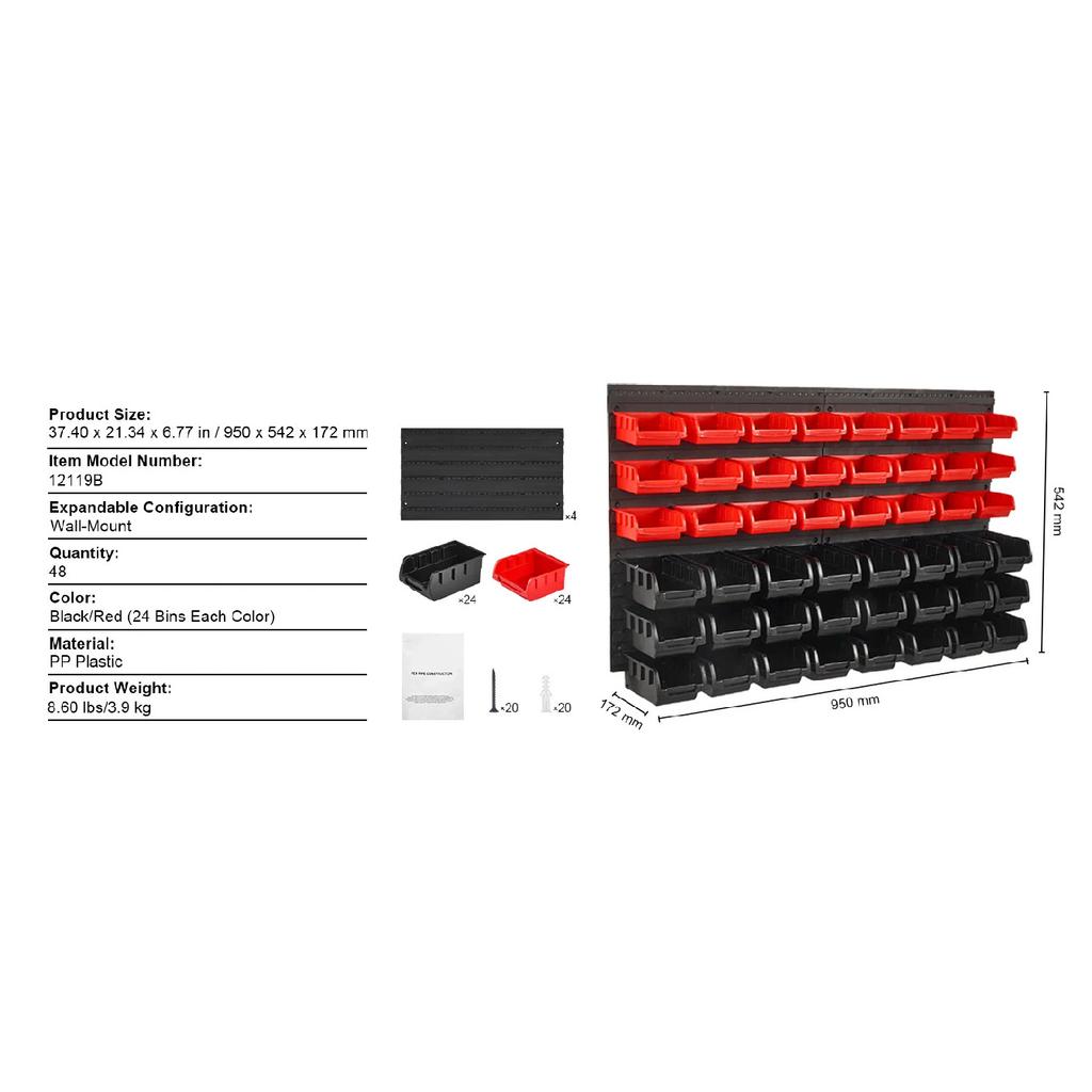 SucceBuy 48pcs Parts Storage Bins Wall Mounted Garage Containers with Wall Panels Tool Organizer for Nuts Bolts Screws Nails