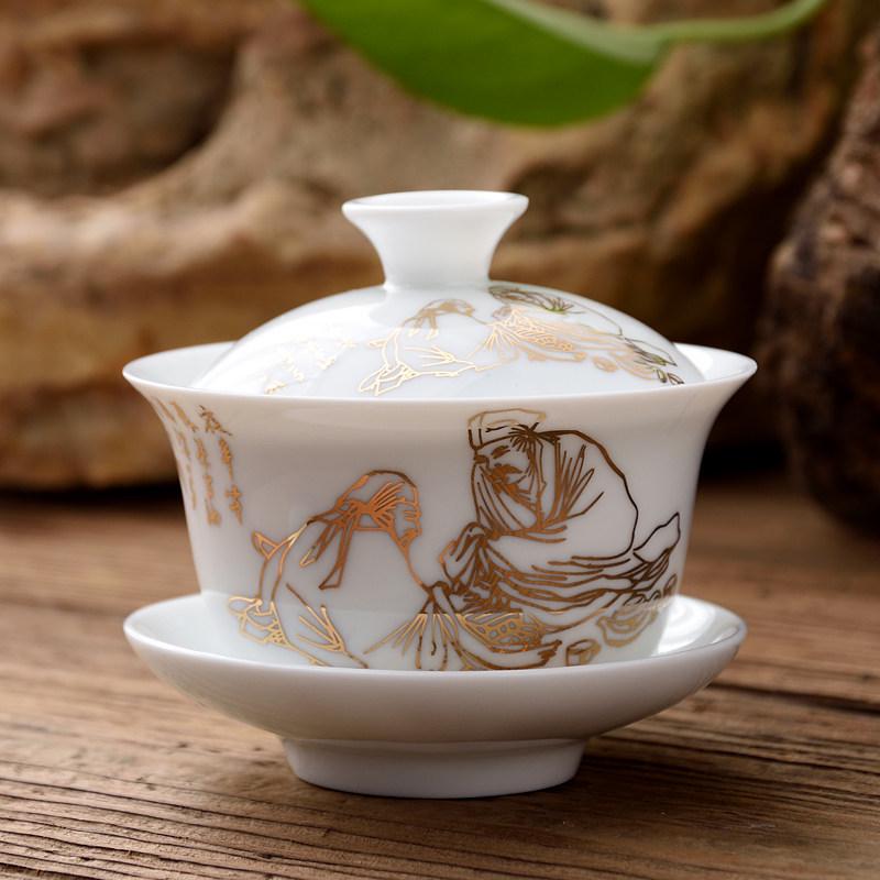 Blue and White Ceramic Gaiwan Tea Set: Small Tea Bowl & Tasting Cup with Concave Lid.