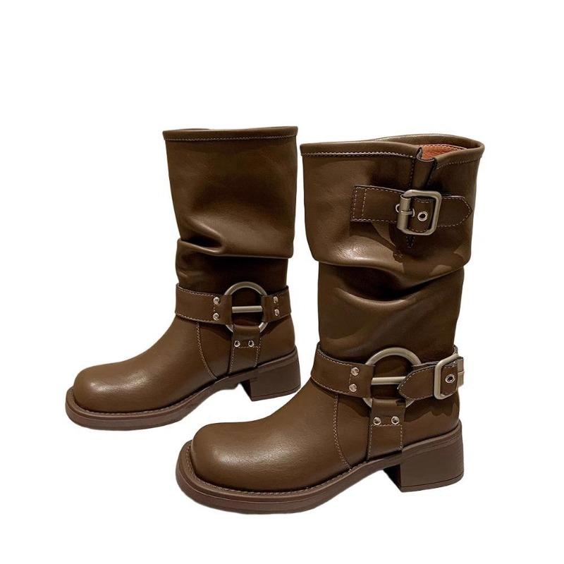 Western Cowboy Belt Buckle Pile Boots Medium Boots Tall Knight Boots Thick Heel Square Head Martin Boots