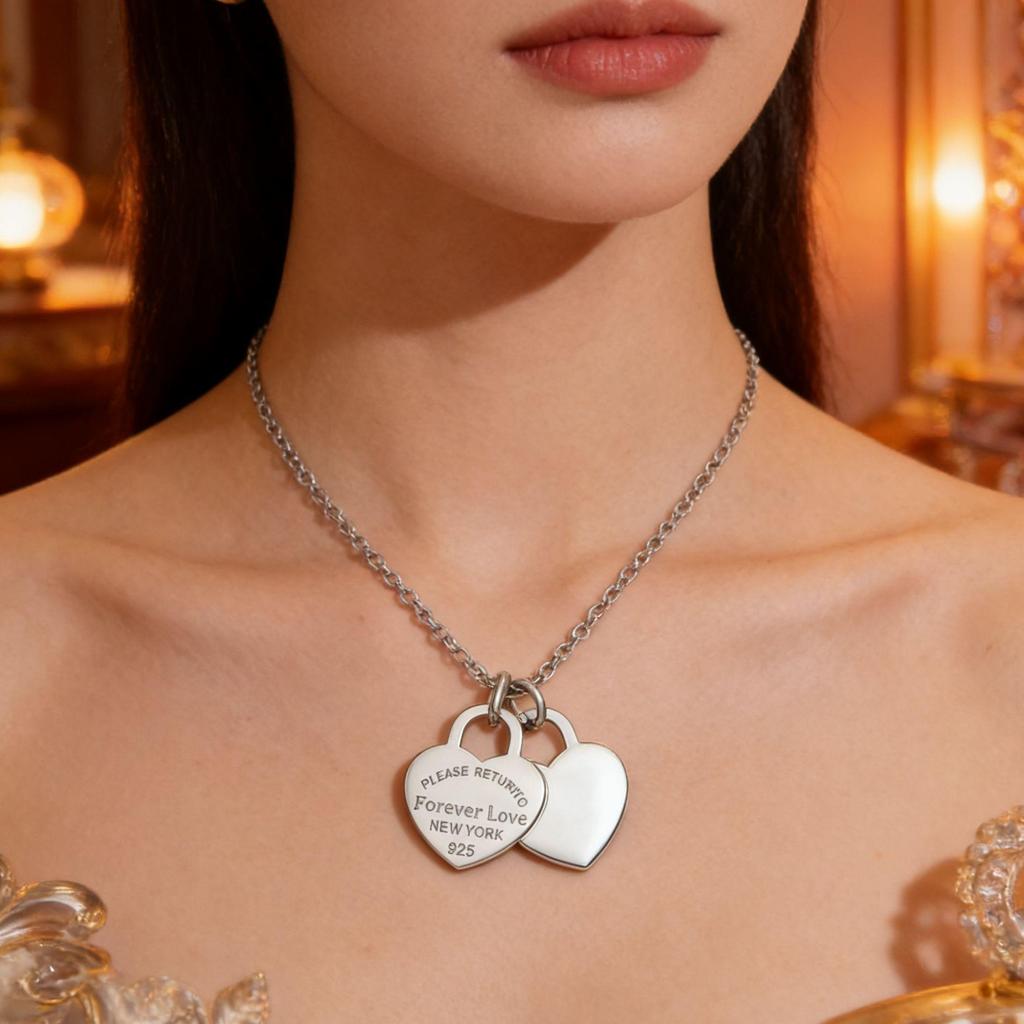 Stainless Steel Double Heart Clavicle Chain Necklace for Women - Simple and Versatile with Resin LOVE Pendant