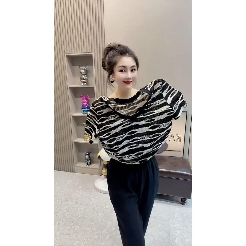 

Футболка Ретро Полоска Смешанных Цветов С Вырезами Короткий Рукав Ледяной Шелк Black L