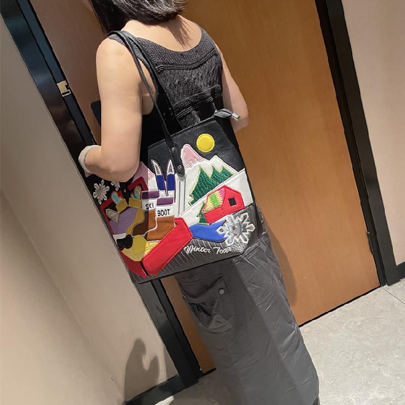 Women'S Shoulder Bag Splicing Embroidery Trendy Bag Versatile Large Capacity Tote Bag Shopping Bag