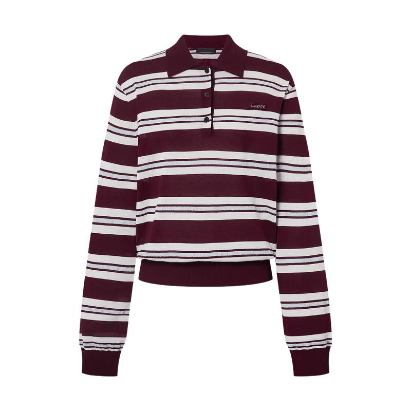 Striped Polo Collar Long Sleeve Knit Top M