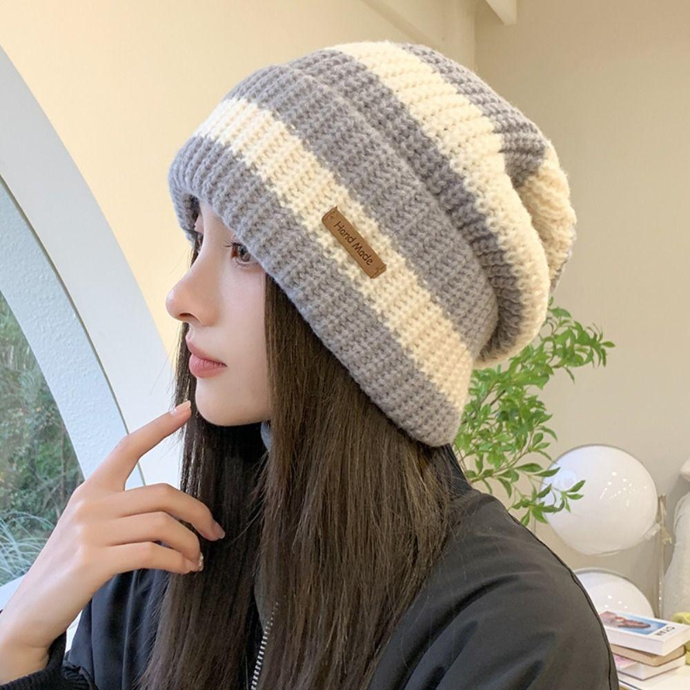 Dicke gestreifte Mützen Koreanische warme Fischerhutmode Gestrickte Streifenmütze Unisex