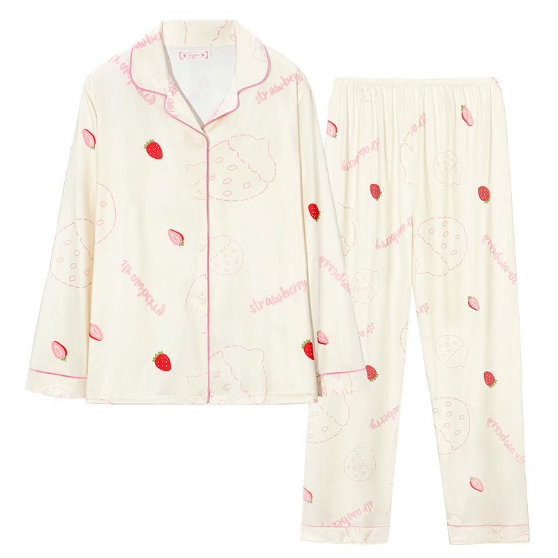 Fresh and sweet wind imitation cotton pajamas women's spring and autumn cute strawberry cardigan long-sleeved women's loungewear set autumn