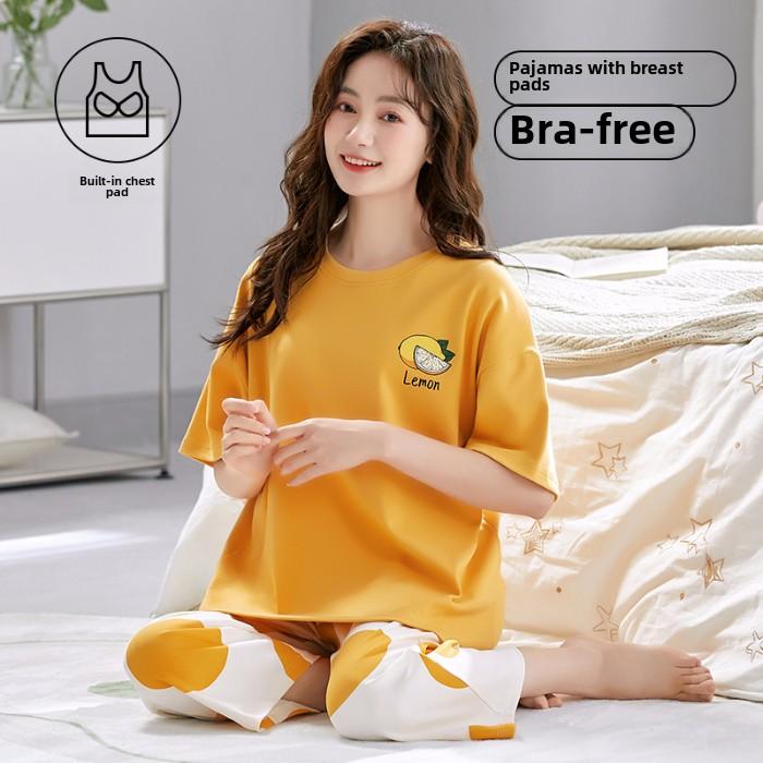 2025 Sommer Damen Pyjama Set mit Brustpolster Weich locker Kurzarm Oberteile und Caprihosen Zweiteilige Nachtwäsche Lingerie Homewear