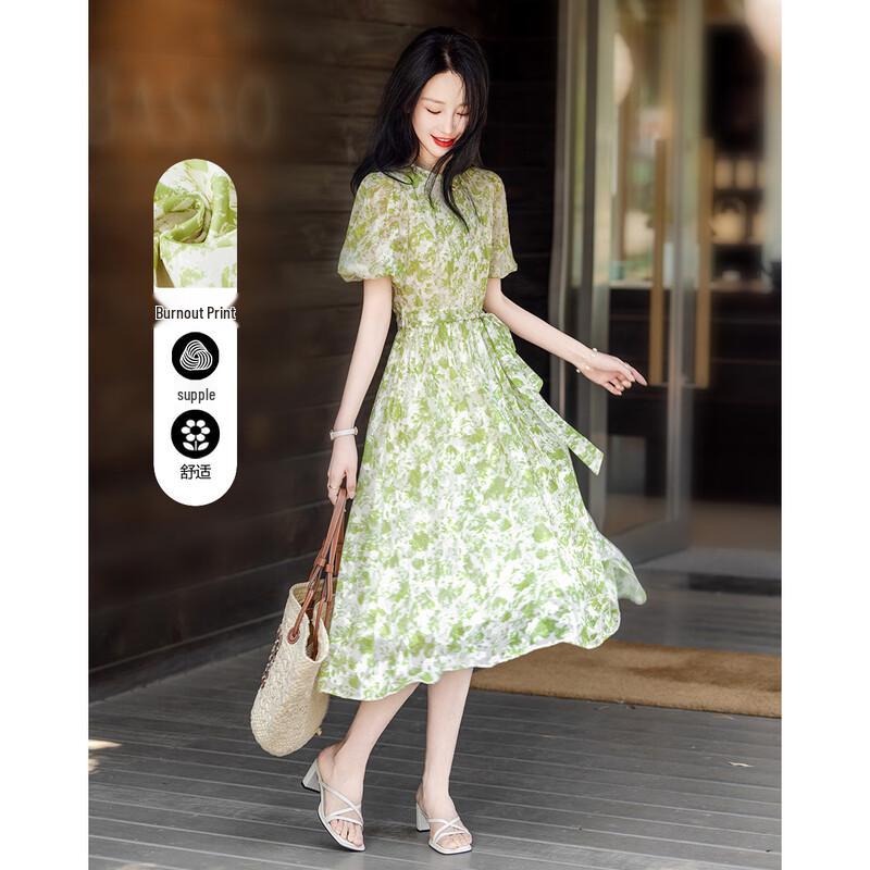 

Demana Mint Mambo French Burn-out Floral Print Puff Sleeve Midi Dress XL