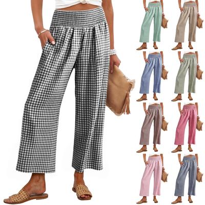 Women's Fashion Loose Pleated Elastic Waist Pocket Checkered Casual 9/10 Pants