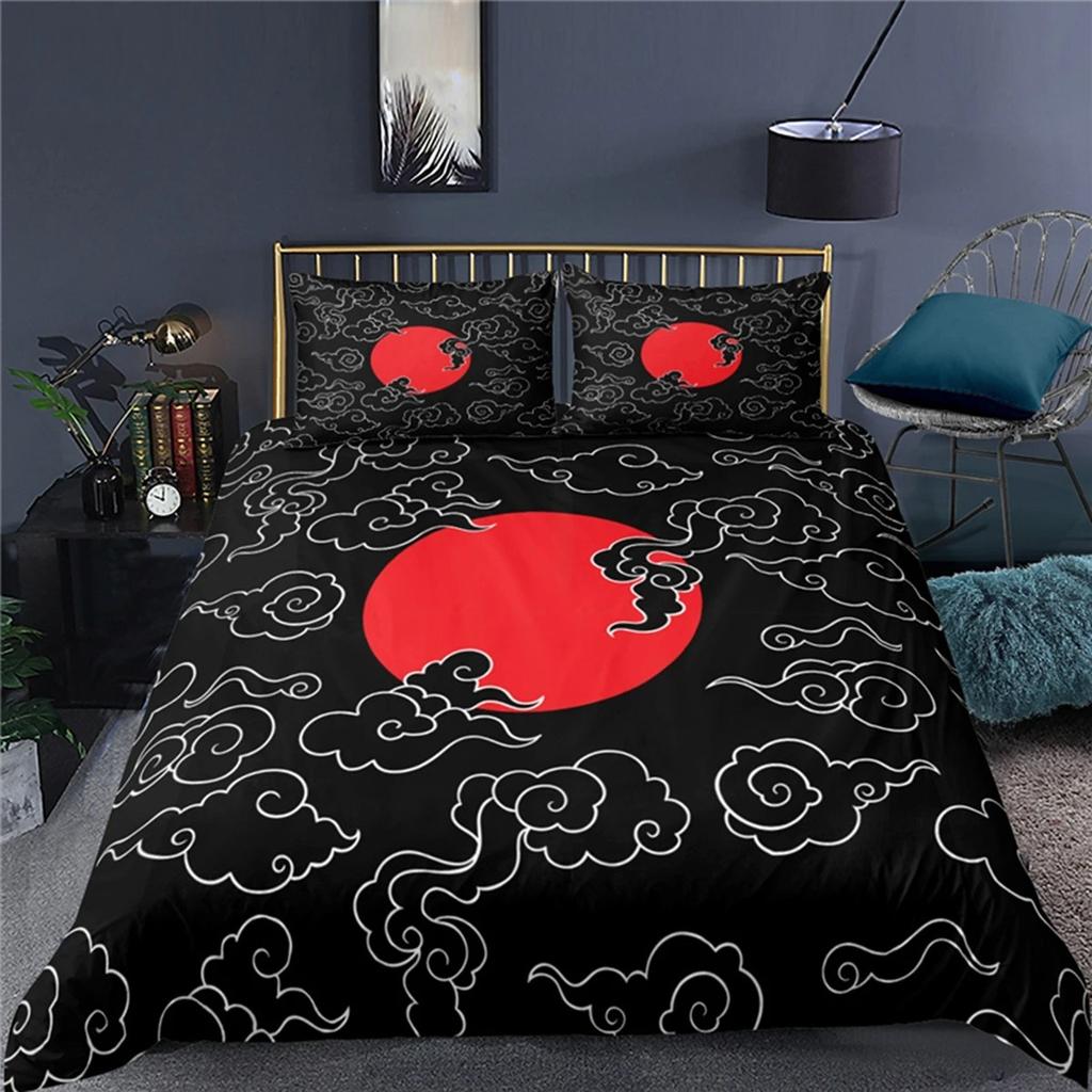 Japanese Style Print Bedding Set Luxury 3D Samurai Bedding Sunset Duvet Cover Sunset Scenery Polyester Duvet Cover Men Black Red