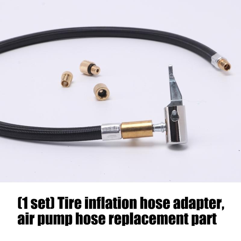 Inflator Hose Replacement Set, Tire Hose Adapter with Braided Line, Clip-On Chuck and 3 Brass Adapters for Refill