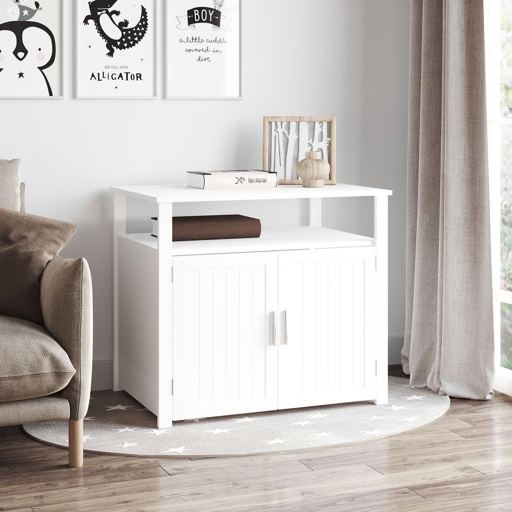 Wooden Cat Litter Box Enclosure Furniture with Adjustable Interior Wall & Large Tabletop for Nightstand, White