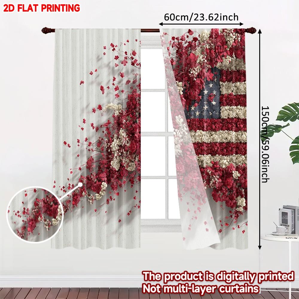Amerikanische Flagge Blumenvorhänge Digitaldruck Rote Weiße Blumen Sternenmuster Patriotische Wohnzimmer Schlafzimmer Dekor Vorhangset aus 2 Stück Gefertigt Polyester