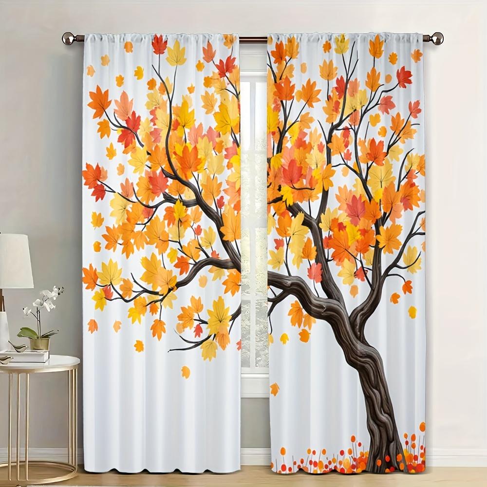 2Pcs, Window Curtains With Autumn Leaves - Versatile 100% Polyester, Suitable For Various Room Decor Without Electric Power
