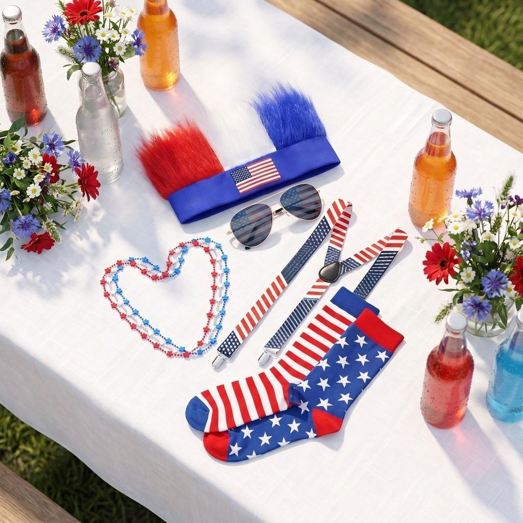 Uavhengighetsdag Kostymetilbehørssett Parykk Hatt Briller Halskjede Bukseseler Sokker for Patriotisk Feiring 0408W