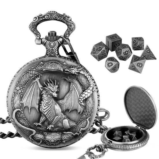 

Metal Dice Set with Dragon Pocket Watch Case 7 Dices Portable Vintage Multi-side Game Dice B
