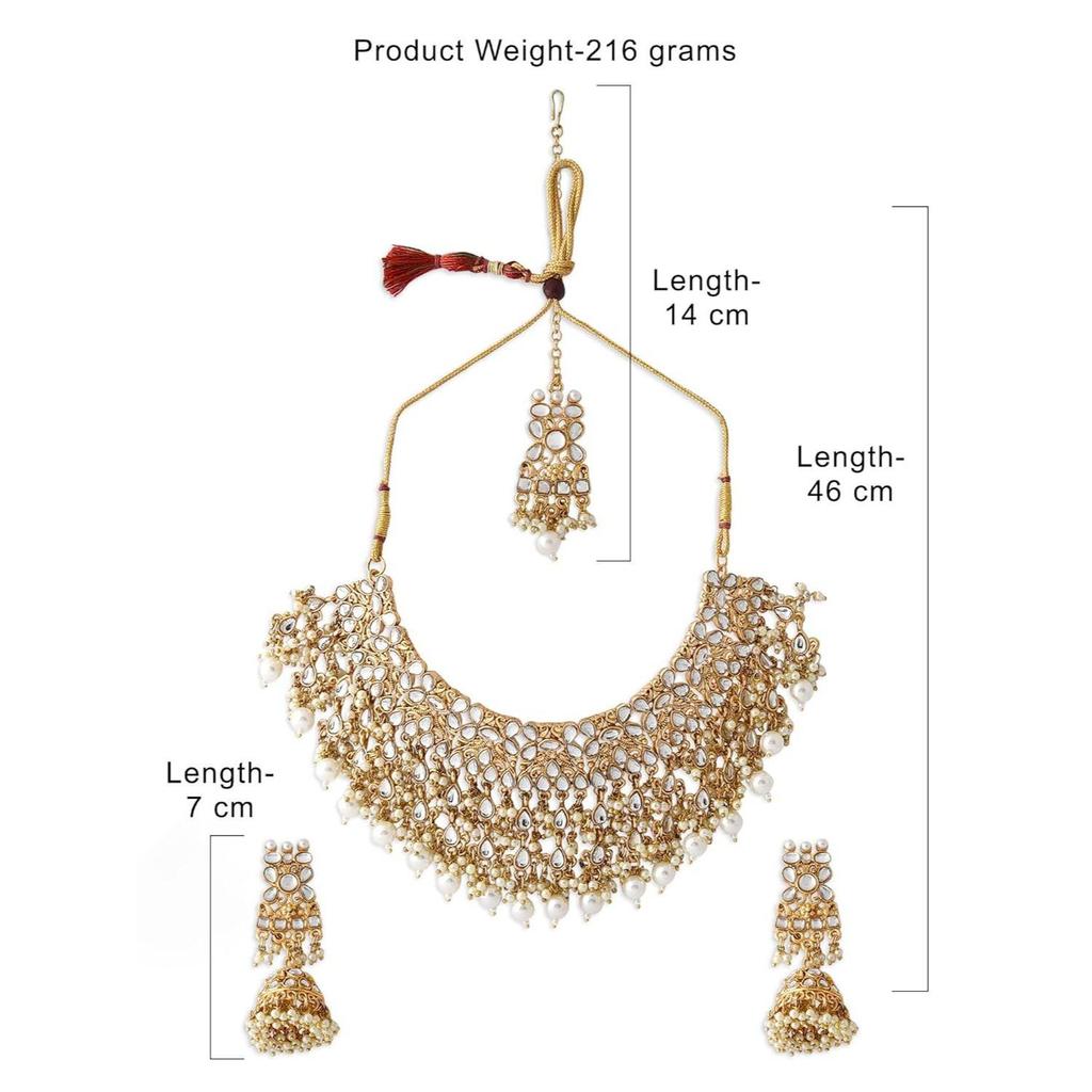 Tone Kundan Choker Necklace Earring Maangtikka & Ring Set For Women