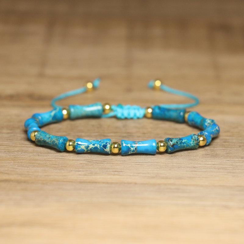 Bracciale con Perle di Bambù in Avventurina Verde – Accento Dorato Regolabile Gioiello Delicato, Regalo Fortuna Prosperità per Donne