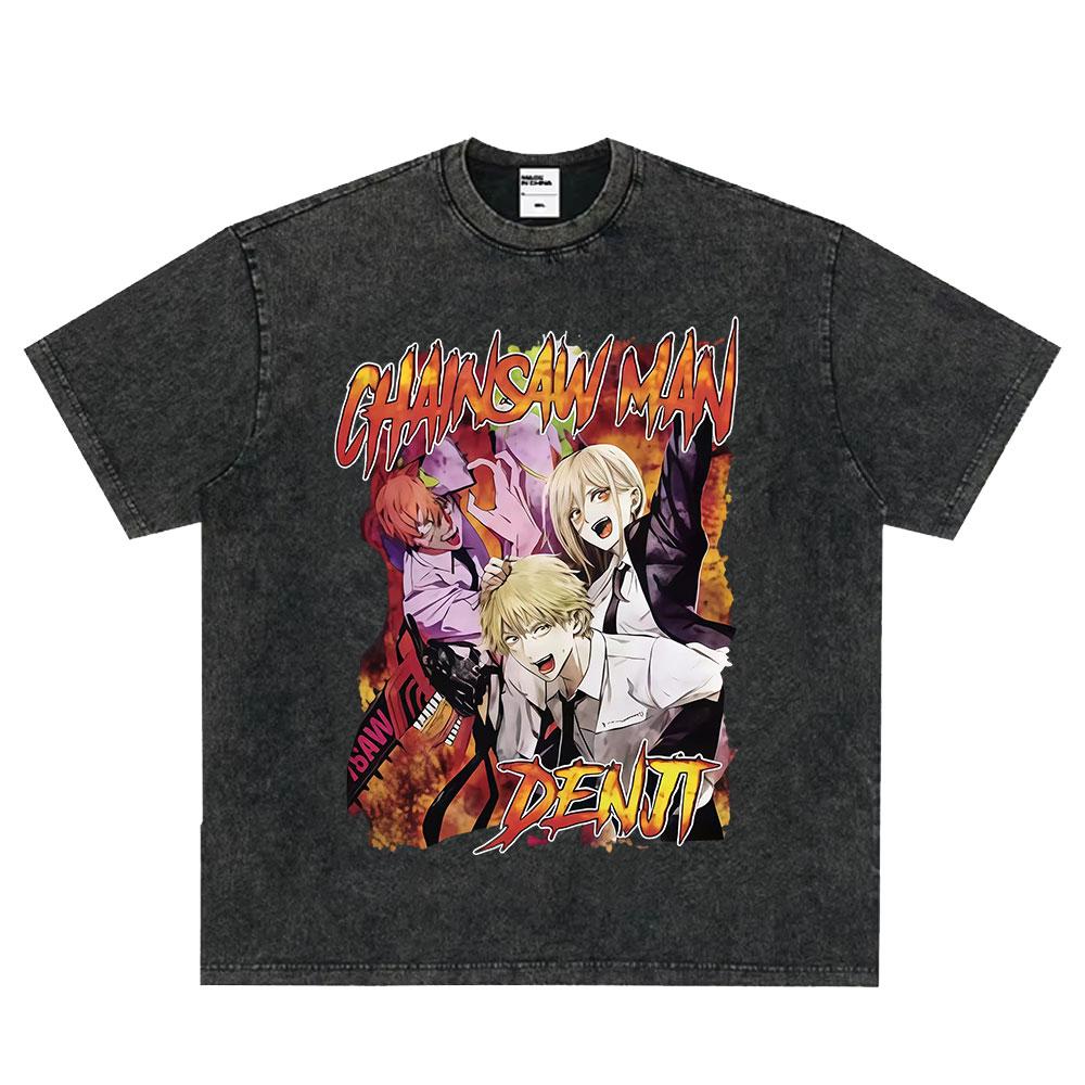 Japanese Anime Chainsaw Man Kobeni Metal Denji Tshirt Vintage Washed Manga Graphic T Shirts Unisex Couples Short Sleeve T Shirt