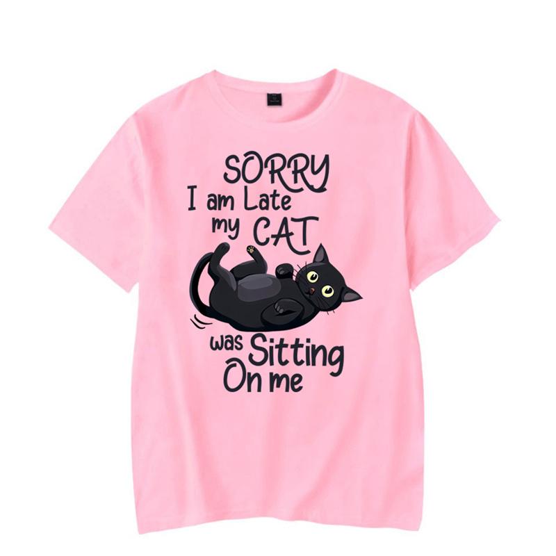 Desculpe o atraso, meu gato estava sentado em mim, camiseta gráfica, camiseta engraçada de gato, camiseta da moda, camiseta Harajuku, camisetas hip hop, tops masculinos