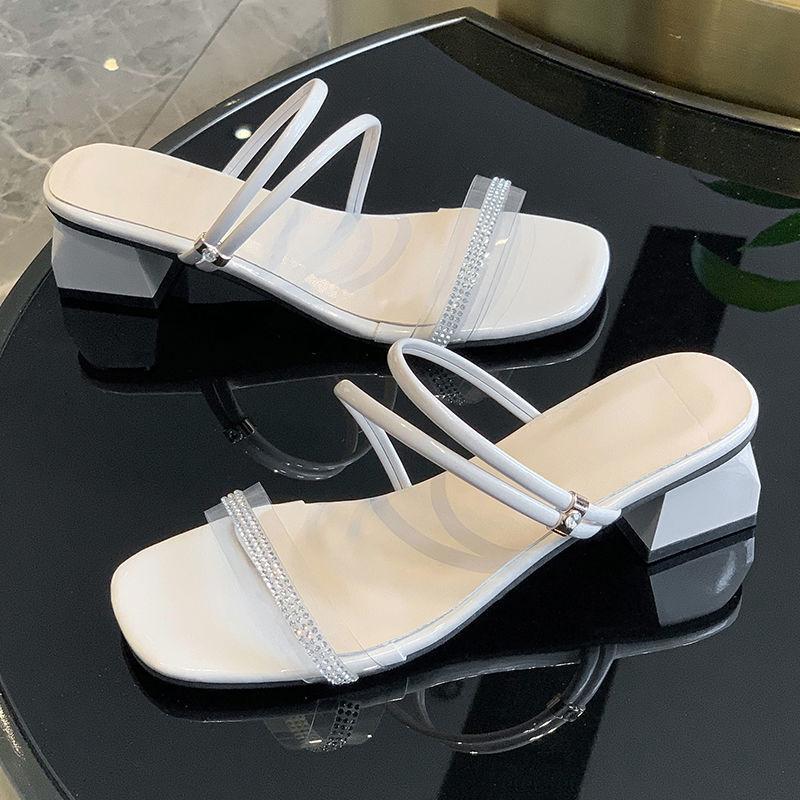WTEMPO Women's Summer Sandals Square Toe Middle Heel Solid Color Transparent Crystal Buckle Thick Heel Dual-purpose Slippers Comfortable Breathable