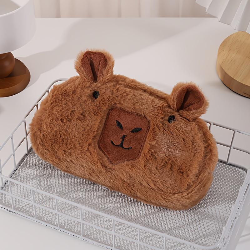 Large Plush Capybara Pencil Case - Spacious Stationery Organizer with Makeup Brush Holder, Coin Purse & Office Supplies Storage