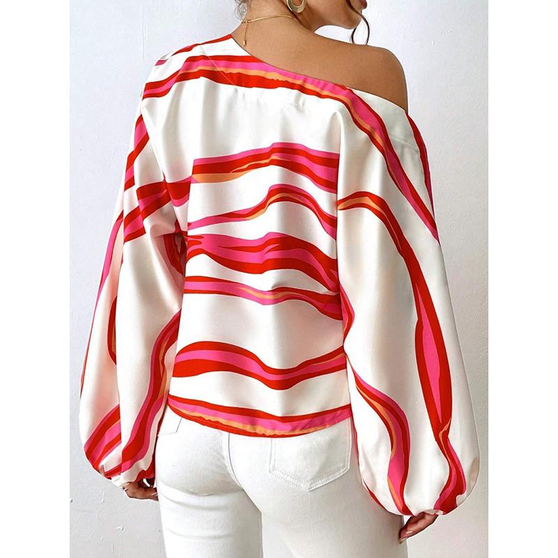 New Fashion Long Sleeve Sexy Off Shoulder Shirts Women Slash Neck Printed Loose Casual Blouses for Women Elegant Simple Office Ladies Shirt Tops 26271