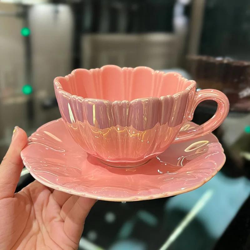 

Креативная и простая перламутровая кофейная кружка с блюдцем, керамический подарочный чайный сервиз, роскошная европейская шикарная подарочная чашка, красивые чайные кружки, бар 240ML