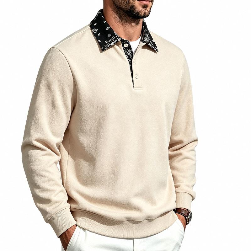 Men Patchwork Collar Sweatshirt Long Sleeve Button Pullover Tops Autumn Winter Casual Loose Fit Men's Sweatshirts Daily Male Clothing