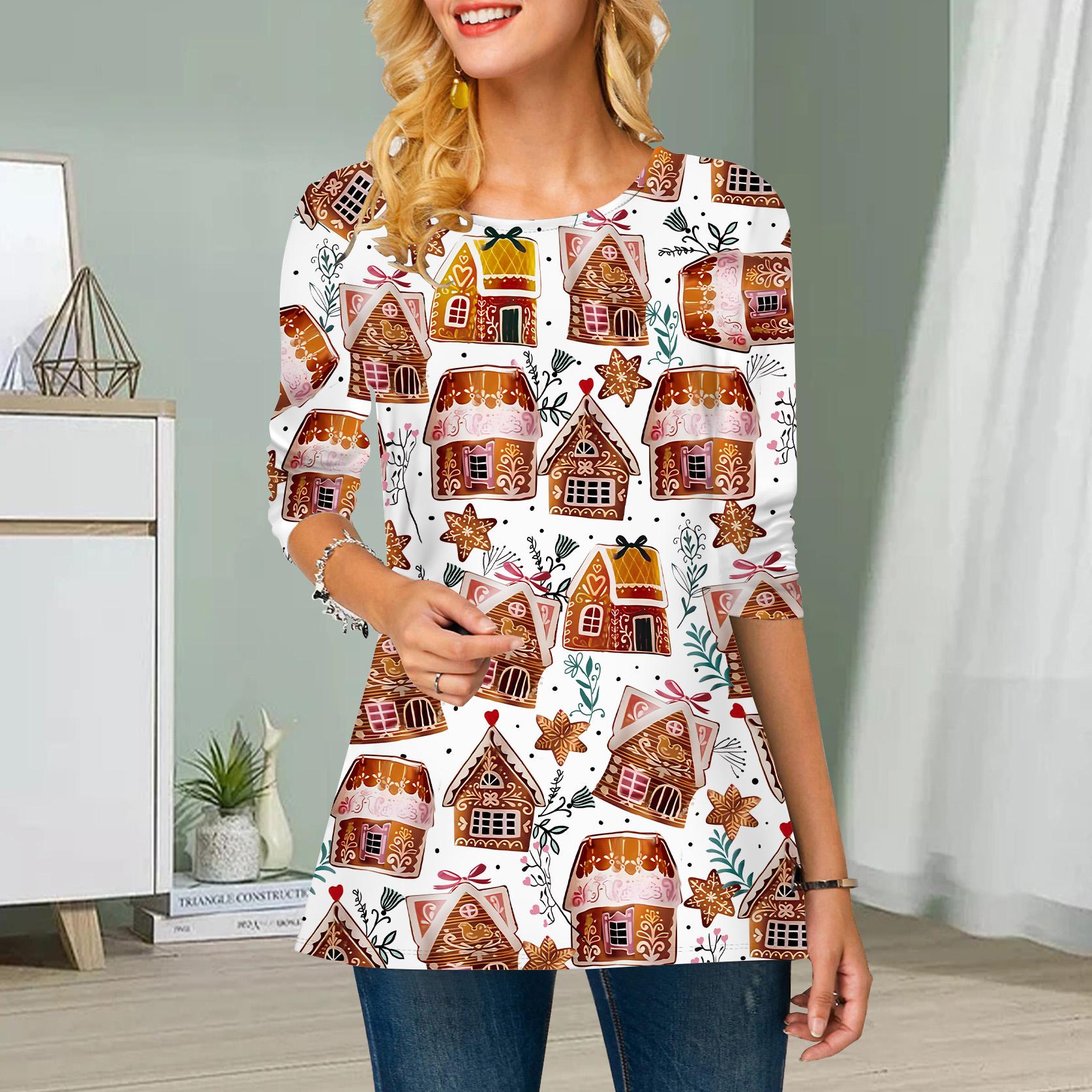 

Плюс Размер Женский Цветочный Рождественский Подарок Принт Круглый Вырез Повседневный Свободный Длинный Рукав Топ 8XL дубильная кора