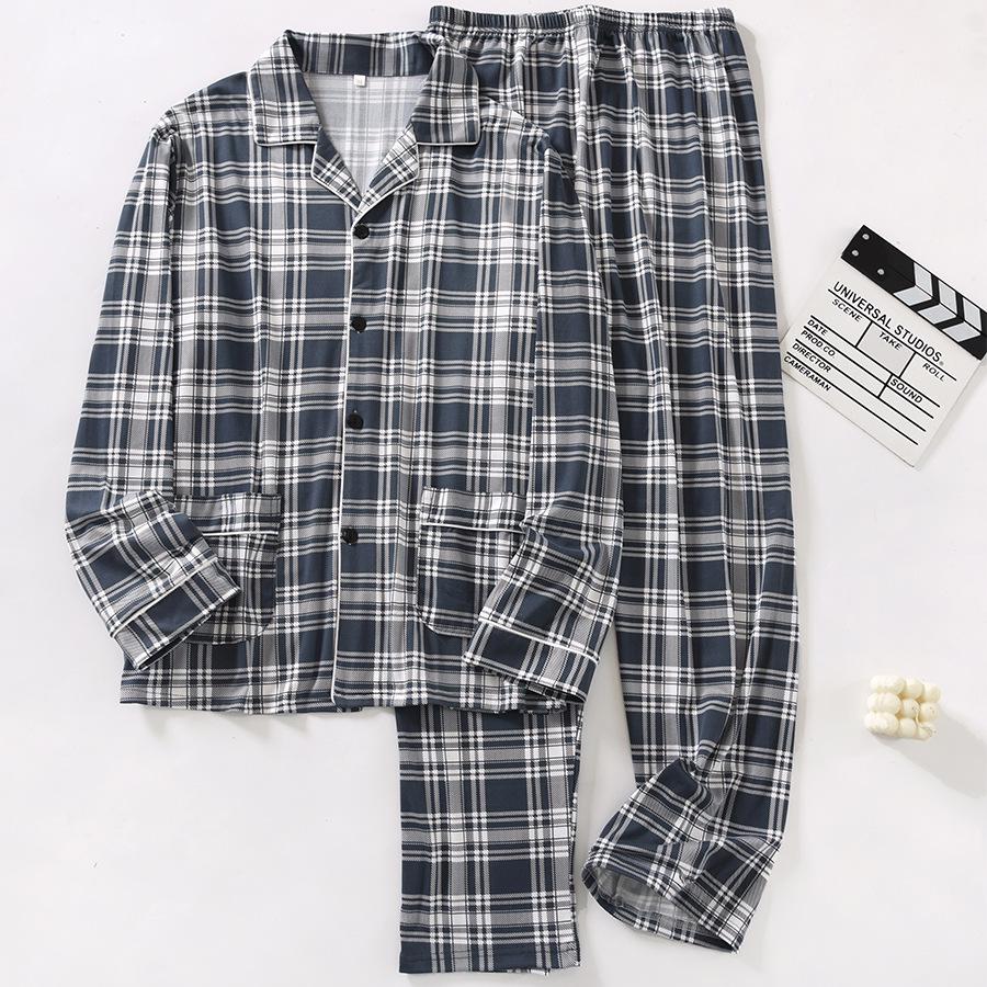 Men's Loose-Fit Pure Cotton Pajama Set: Long Sleeve Cardigan & Pants for Spring/Autumn