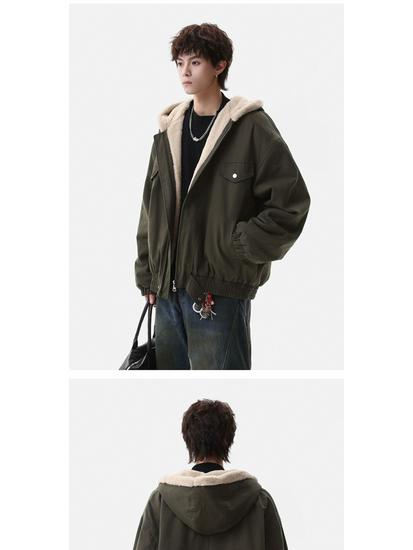 Zuoshan Diao Men's Hooded Cotton Jacket: Winter Velvet, Thick, Loose Fit, Youthful Trendy American Workwear Style.