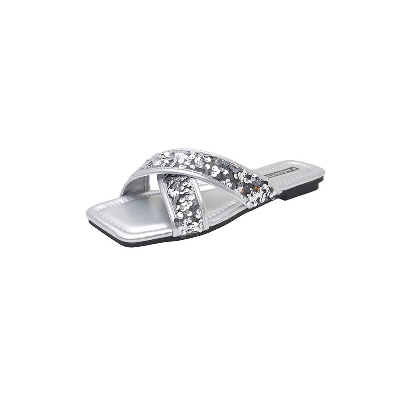 

Мода 2024 года, новые летние женские туфли с открытым носком, расшитые блестками, модные женские туфли на плоской подошве, однотонные, большого размера, повседневные женские пляжные тапочки 43 серебряный