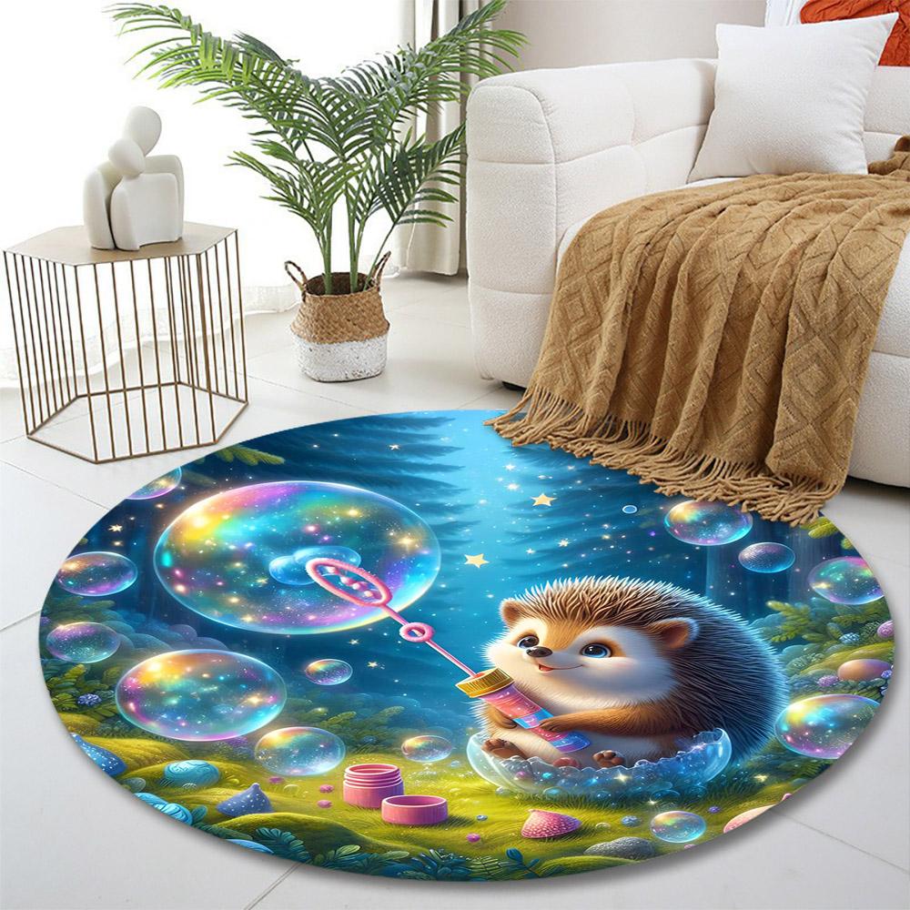 Hedgehog Blowing Colorful Bubbles in Forest Print round rug, living room, bedroom, playroom carpet, non slip floor mat, gift