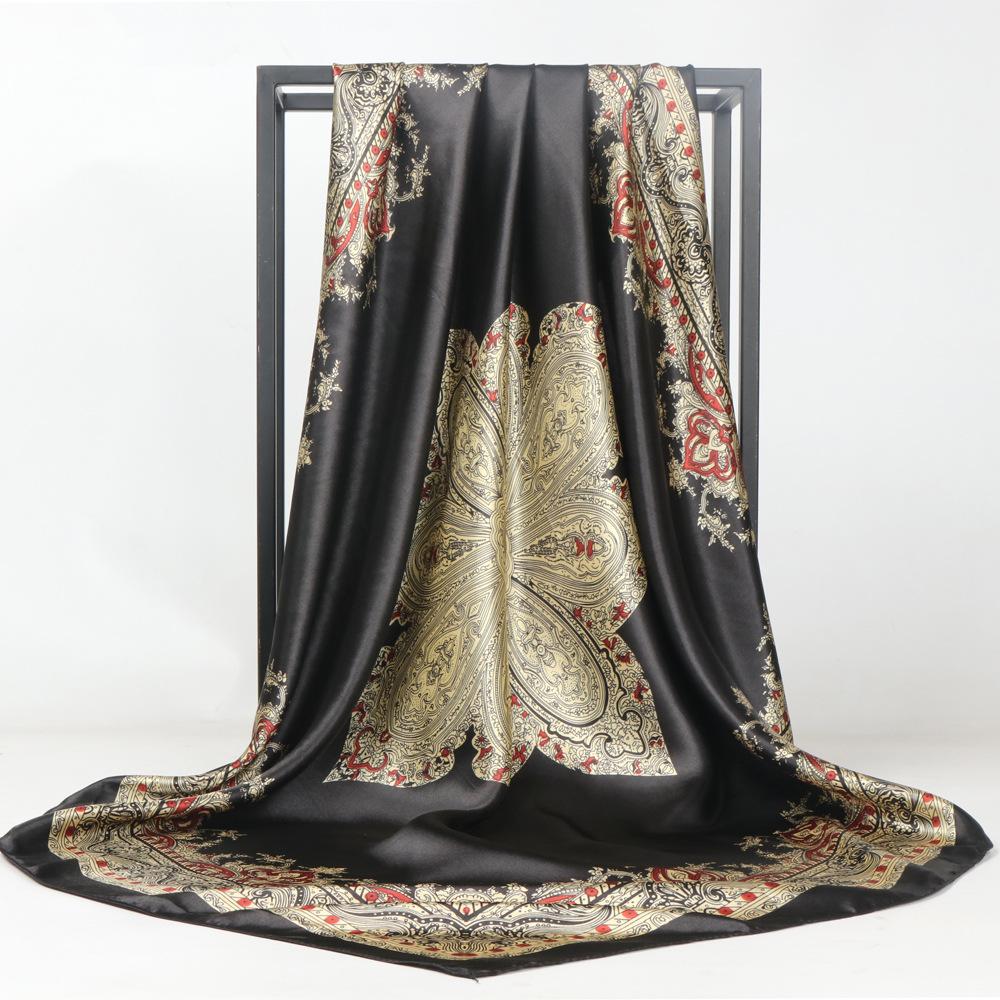 

Черный винтажный шелковый шарф, арабский хиджаб, 90 см, атласный атласный большой квадратный шарф, женский повседневный тюрбан, шаль 90*90cm